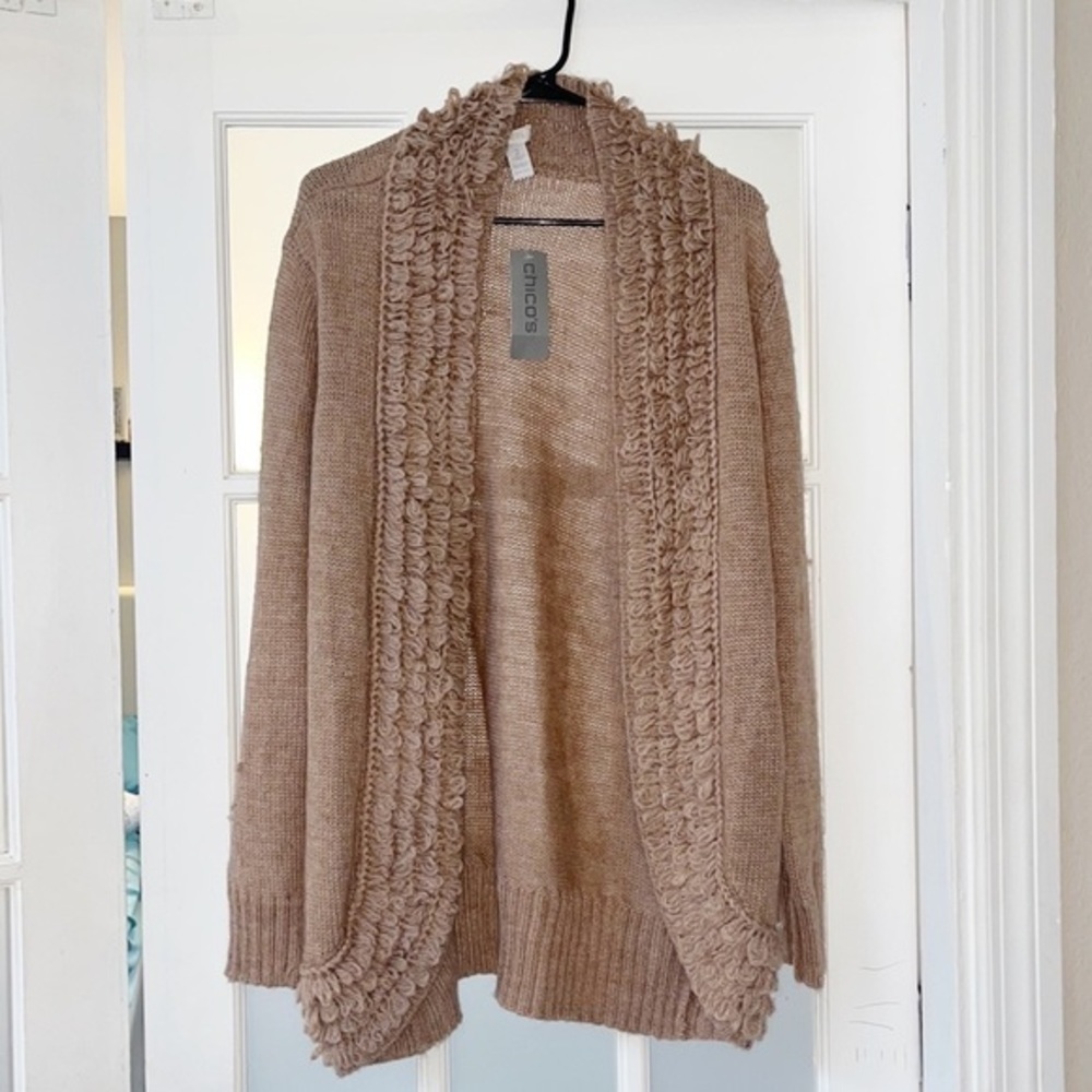 NWT Chico's Fringe Open Front Knit Cardigan Sweater w/ Sash Beige/Tan sz Large